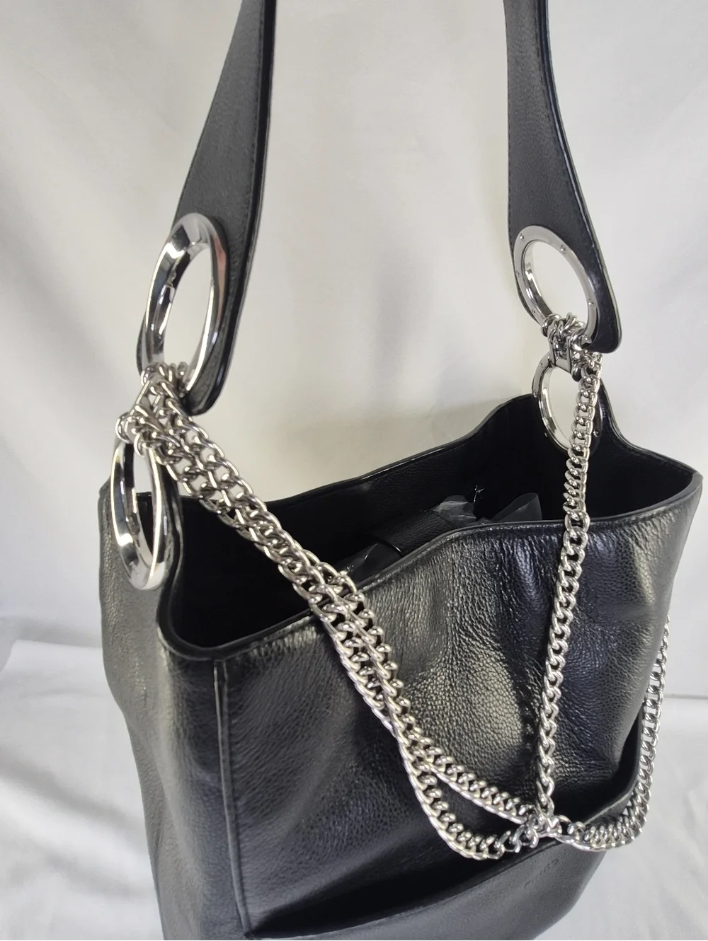 Pinko Black Leather Bucket Hobo Bag Purse Tote Chain Strap