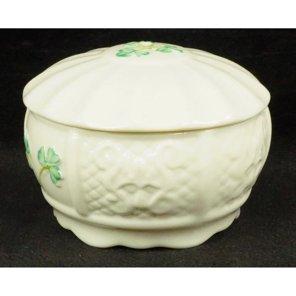 Irish Belleek Pottery Nadine Trinket Box with Lid 9th Blue Mark Signed Vtg 1990s
