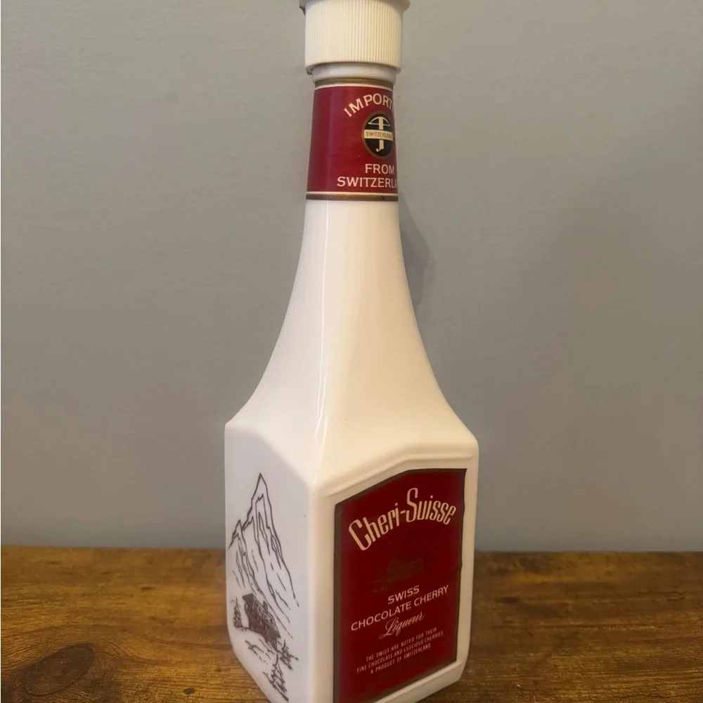 Cheri Suisse Swiss Chocolate Cherry Liqueur Bottle‎ Milk Glass 12” Decanter