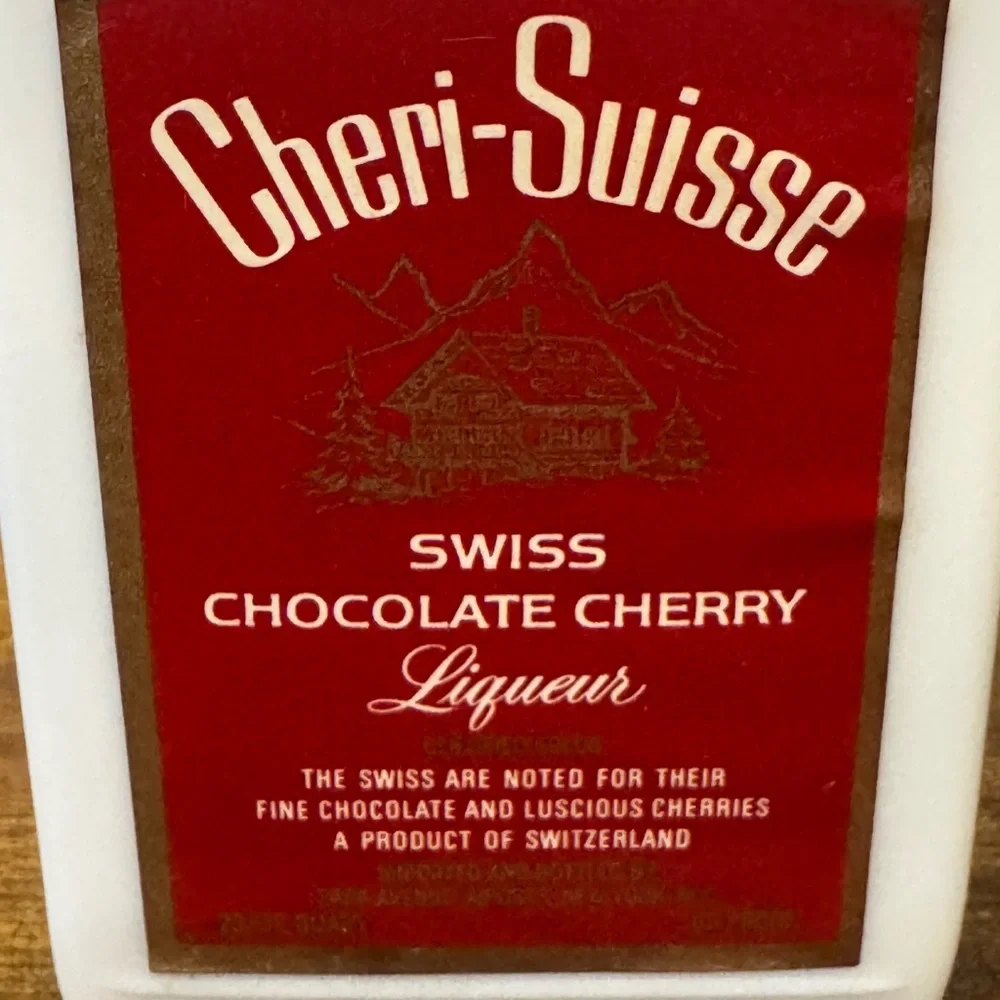 Cheri Suisse Swiss Chocolate Cherry Liqueur Bottle‎ Milk Glass 12” Decanter
