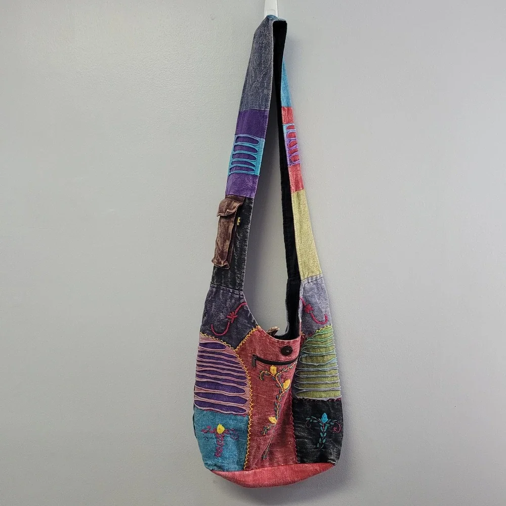 Kc Quilted Boho Patchwork Embroidered Hippie Crossbody Hobo‎ Bag Multicolor