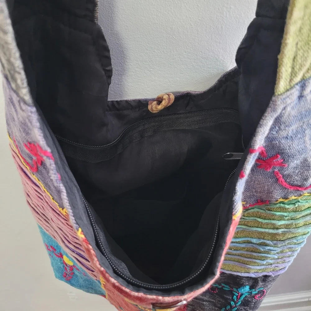Kc Quilted Boho Patchwork Embroidered Hippie Crossbody Hobo‎ Bag Multicolor