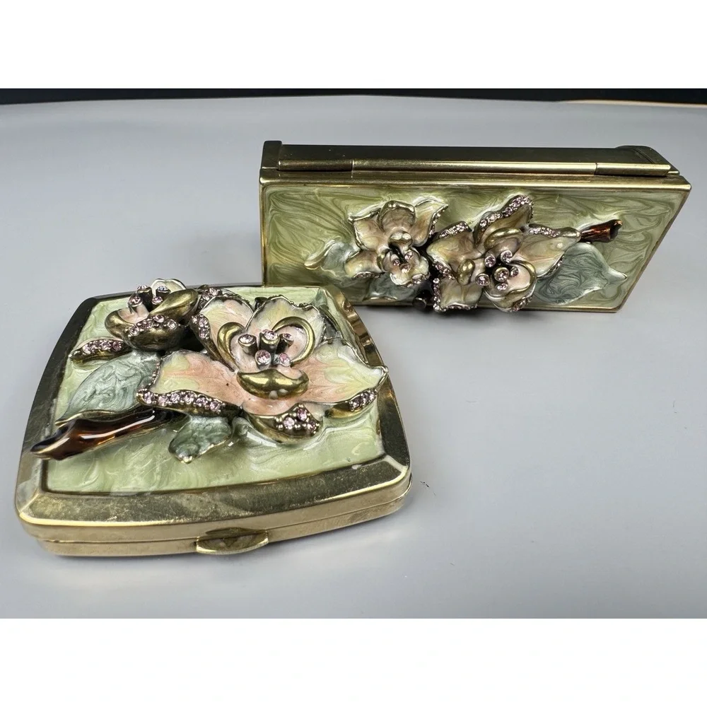 Argento SC Swarovski Crystal Floral Compact Mirror & Lipstick Case Enamel Set