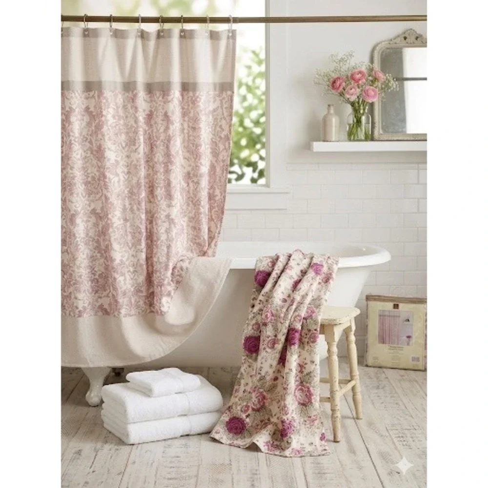 Sherry Kline Vintage‎ Stone Shower Curtain Rose Floral Damask 70x72 New