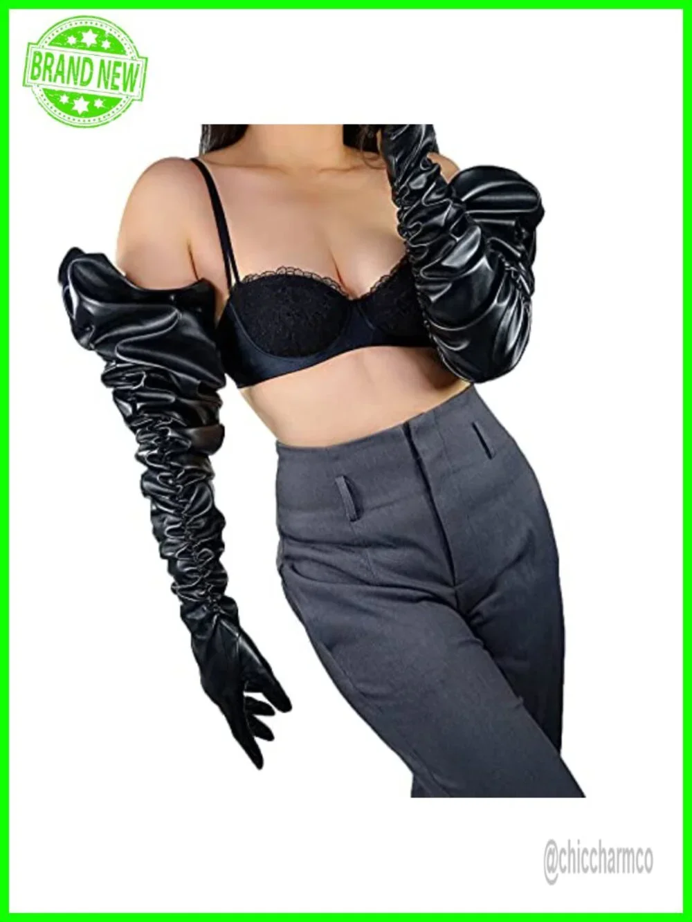 Faux Leather Ruched Pleated Wide Sleeve Shoulder Length Gloves