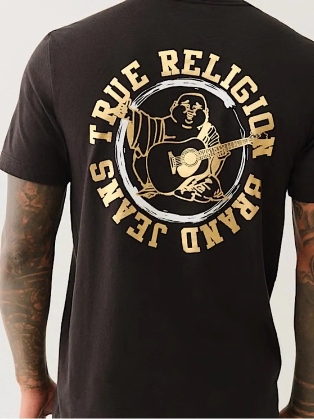 True Religion Black Tee‎ with Gold & White Back Graphic