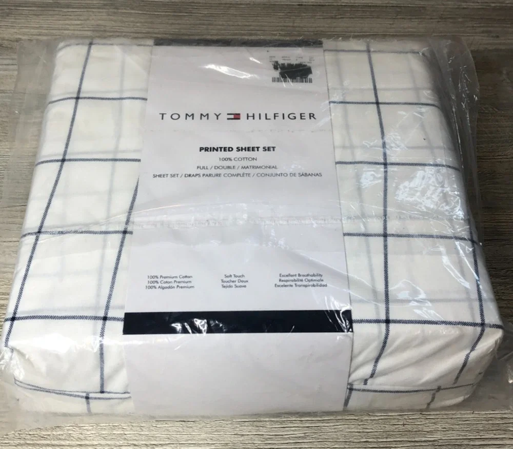Tommy Hilfiger Full Sheet Set 100% Cotton NEW Blue White