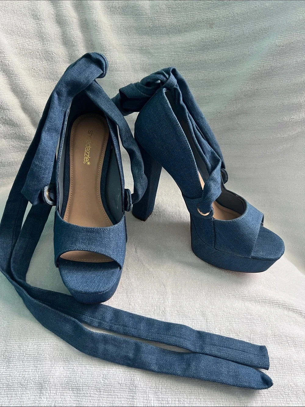 Shoe Dazzle Dark Blue Denim Wrap Platform Heels Size 10 New w/o box