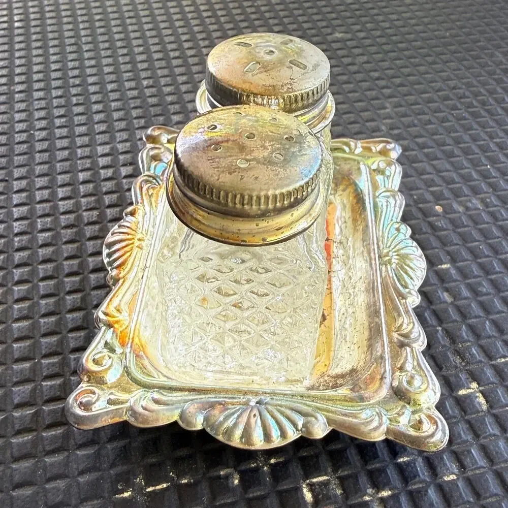 Vintage Silver Plated Salt Pepper Shakers Tray Hong Kong Pressed Glass Set