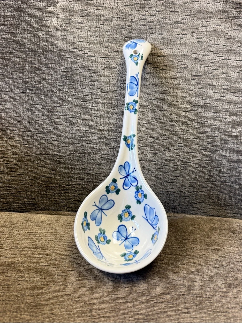 Polish Pottery Blue Butterfly & Floral Ceramic Large Ladle Signed A. Beszayi.
