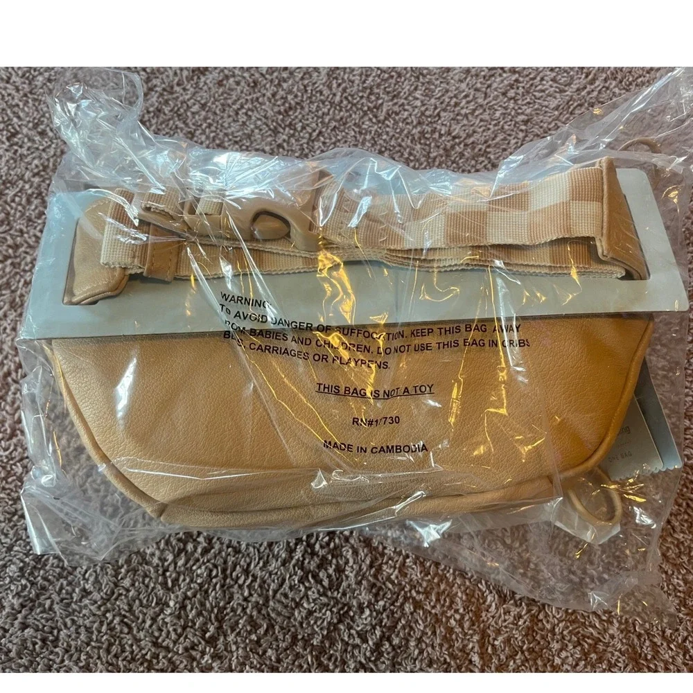 Cloud Island Tan Faux Leather Diaper Fanny Pack Waist Bag Checkered Strap NEW