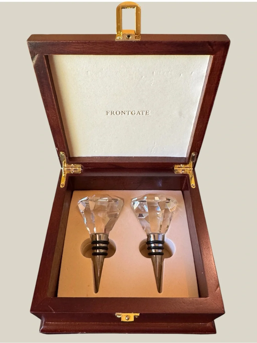 Frontgate Monogram C Crystal Wine Stoppers Set of 2 with Wooden Box