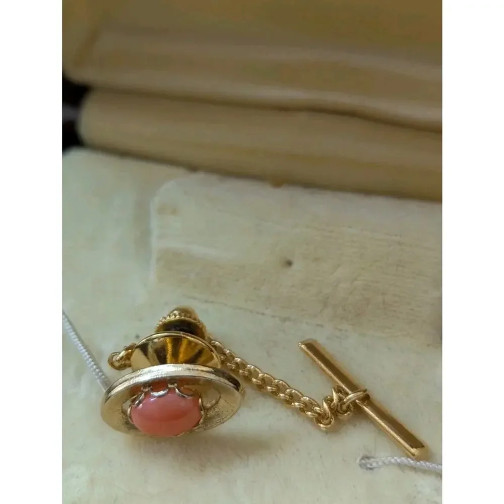 Cuff links & Tie Tack Bar Natural Pink Coral 4 PC set Gift Box Gold Tone Hawaii