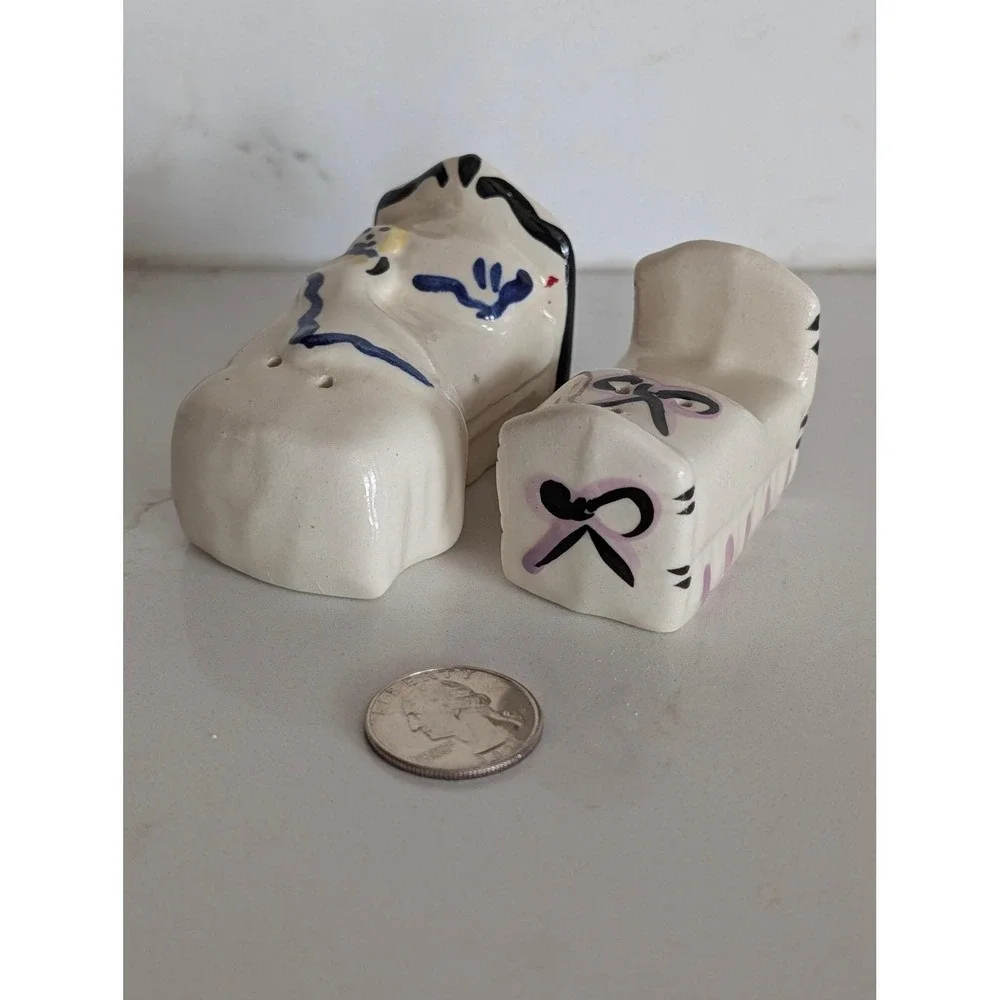 Vintage Hand Painted Ceramic Bed and Cradle Salt and Pepper Shakers Set