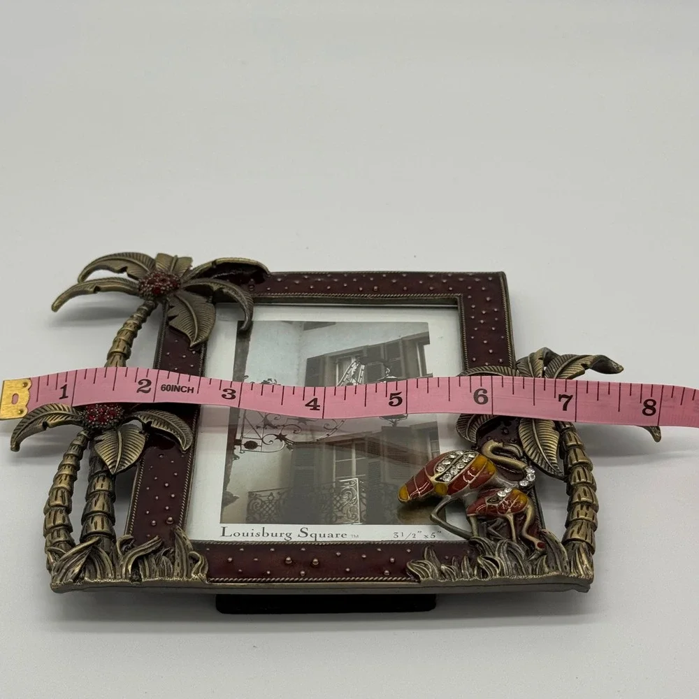 Louisburg Square Jeweled Picture Frame Burgundy Enamel Flamingo Palm Tree 6x8