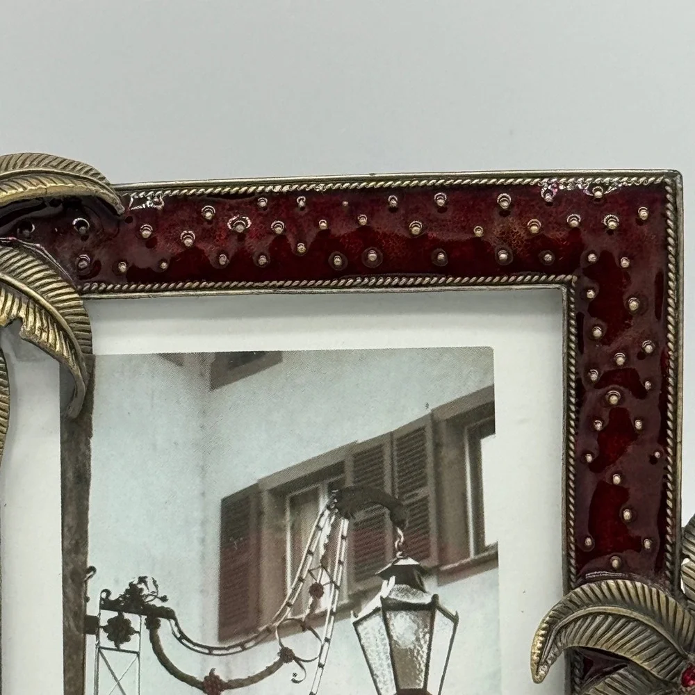 Louisburg Square Jeweled Picture Frame Burgundy Enamel Flamingo Palm Tree 6x8