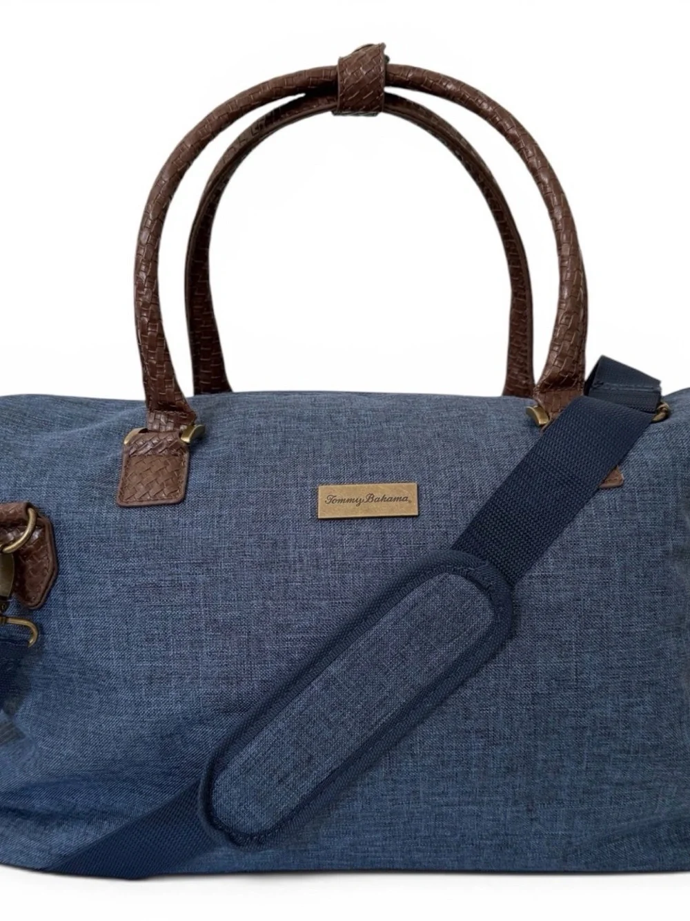 Tommy bahama Canbas Blue Travel Duffel Bag with Brown Trim
