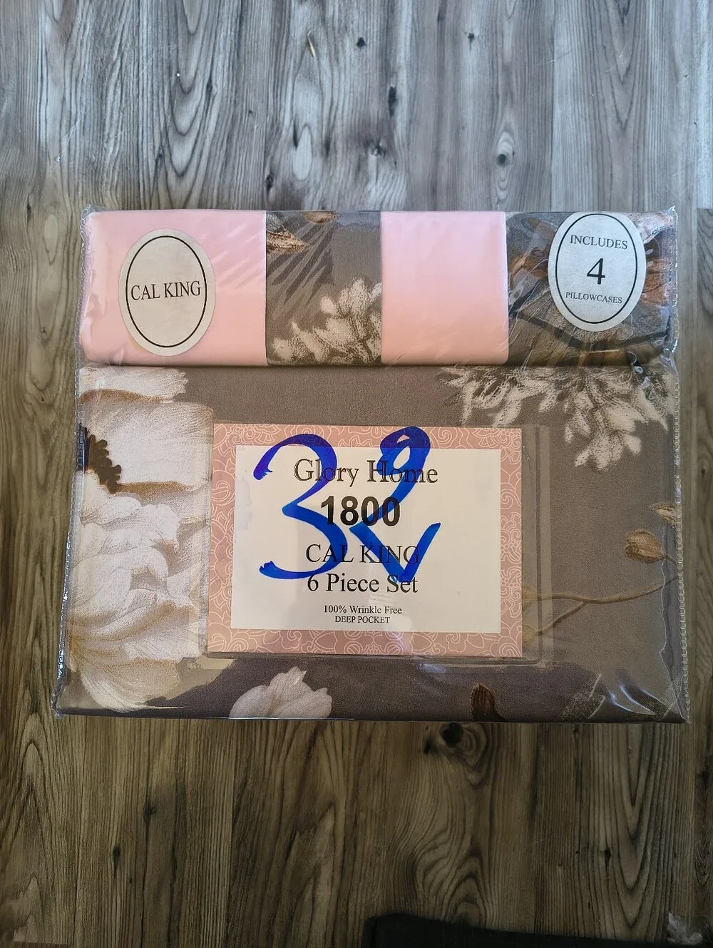 California King 6-Piece Sheet Set - Blush Pink and Gray Floral