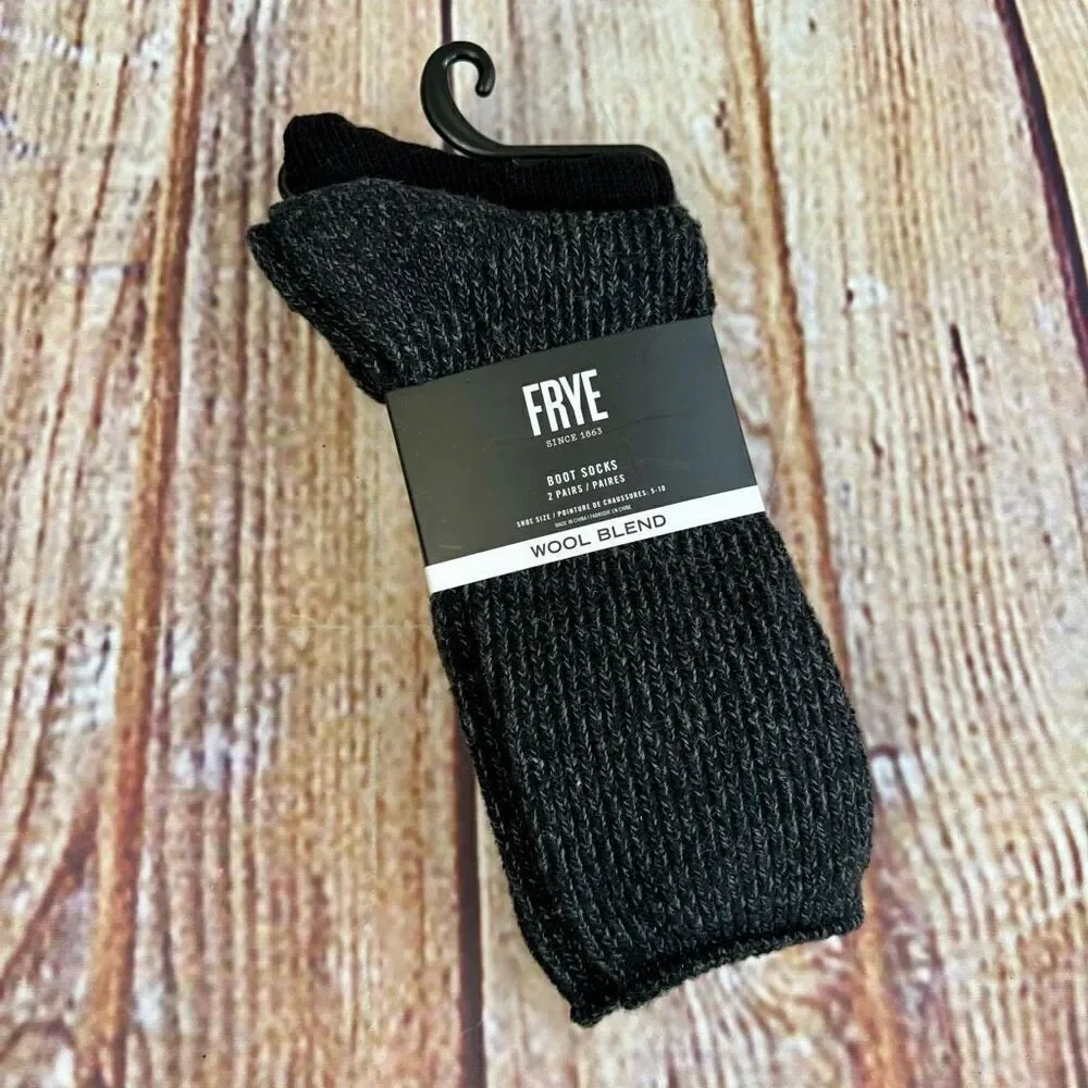 Frye Wool Blend Boot Socks Marled Solid Black Gray 2 Pack Two Pairs NWT