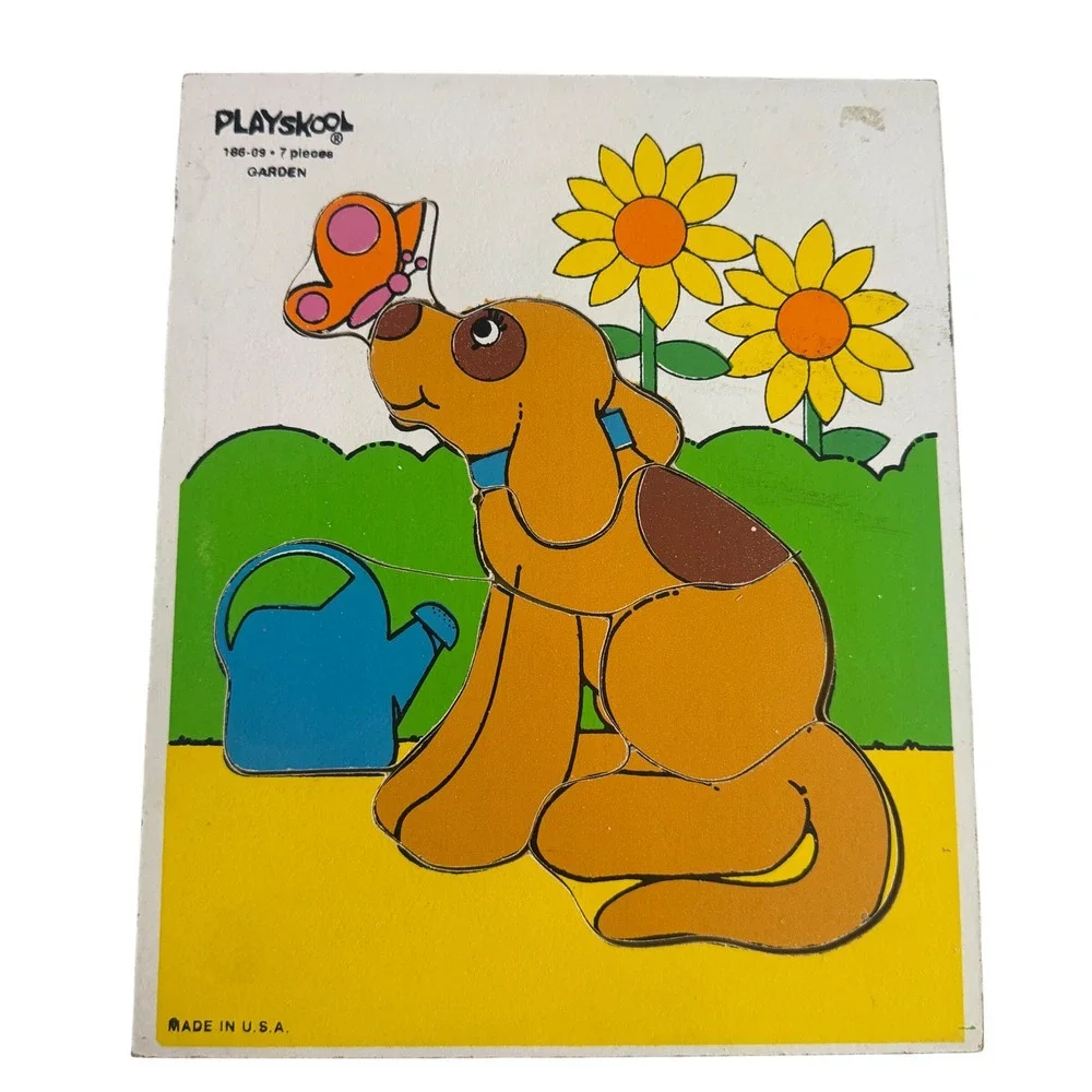 Playskool Garden‎ Dog Butterfly Wooden Peg Puzzle 7 Pieces Made in USA Board