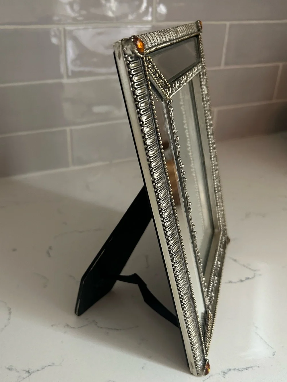 Ornate Silver Mirrored Photo Frame with Amber Crystal Accents