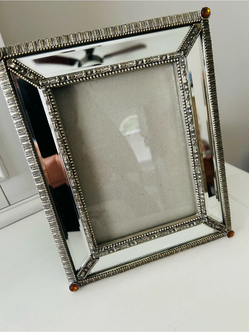 Ornate Silver Mirrored Photo Frame with Amber Crystal Accents