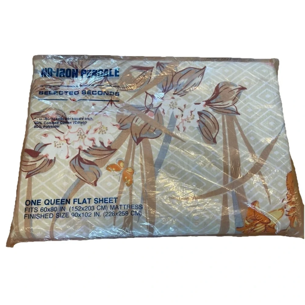 🆕Vintage 1970s Floral Queen Flat Sheet NOS no iron percale 50/50 cotton poly‎