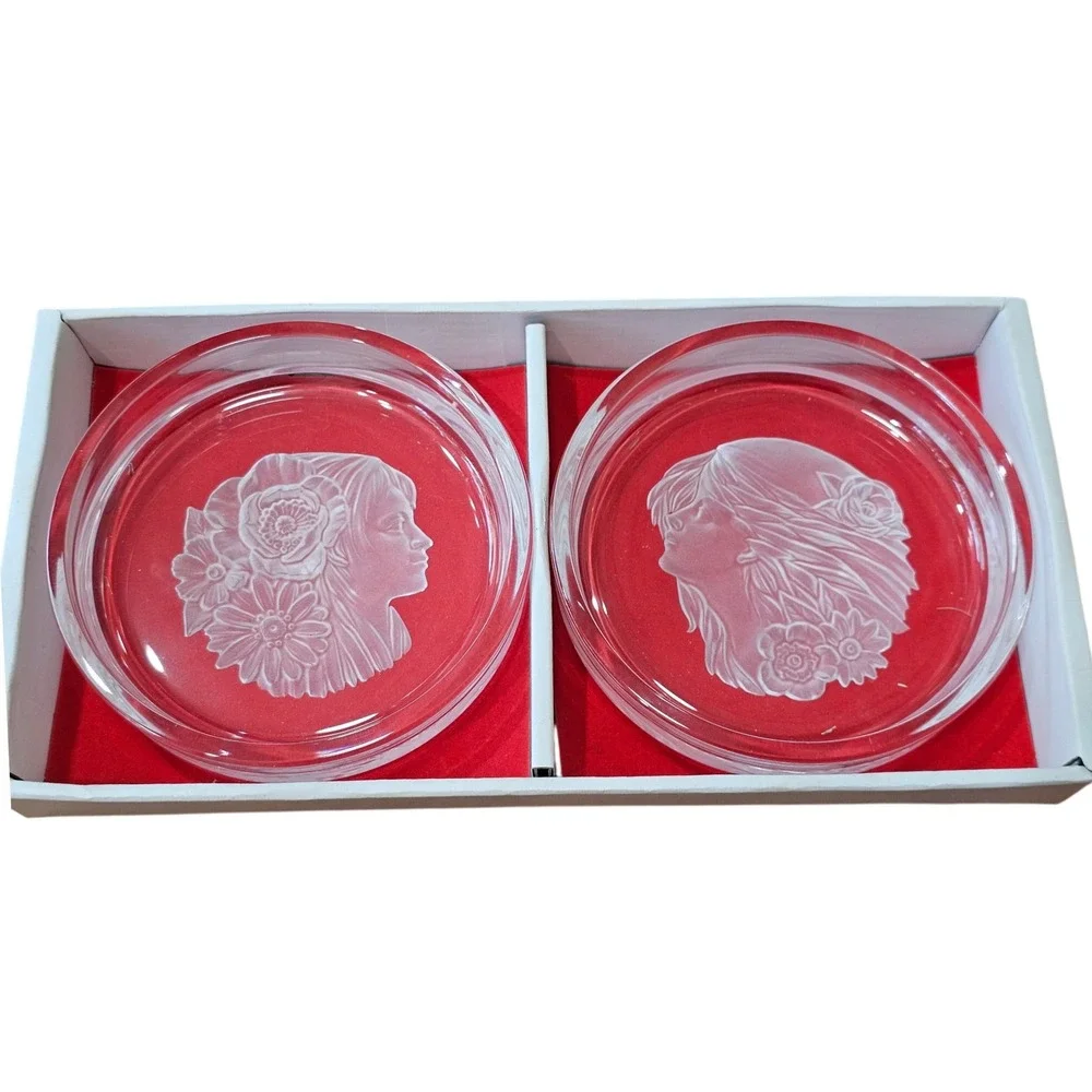 Vintage Frosted Glass Art Nouveau Lady Portrait Coaster Set 2pc Clear Excellent