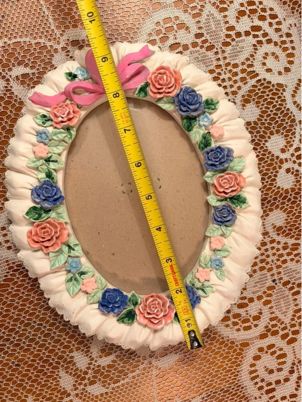 Vintage Floral Resin Picture Frame Pink Blue Roses Cottagecore 5x7 Oval