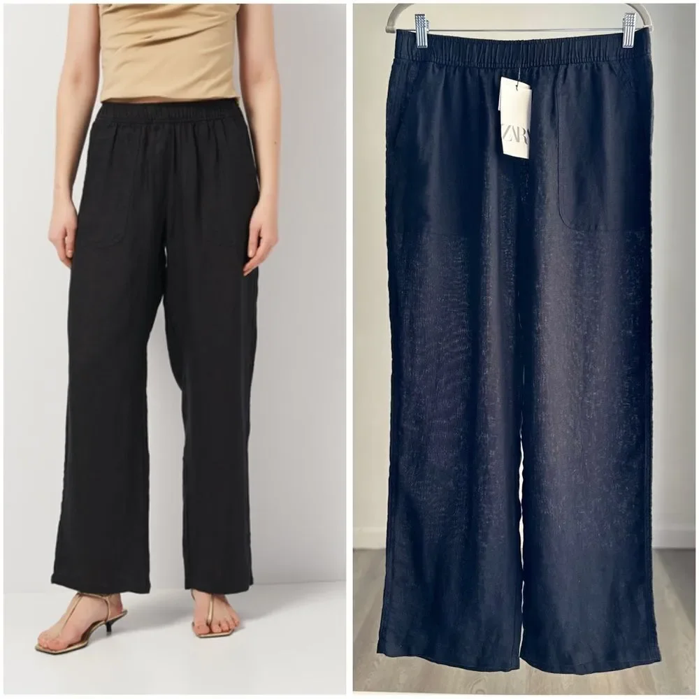 ZARA WIDE LEG LINEN PANTS BLACK