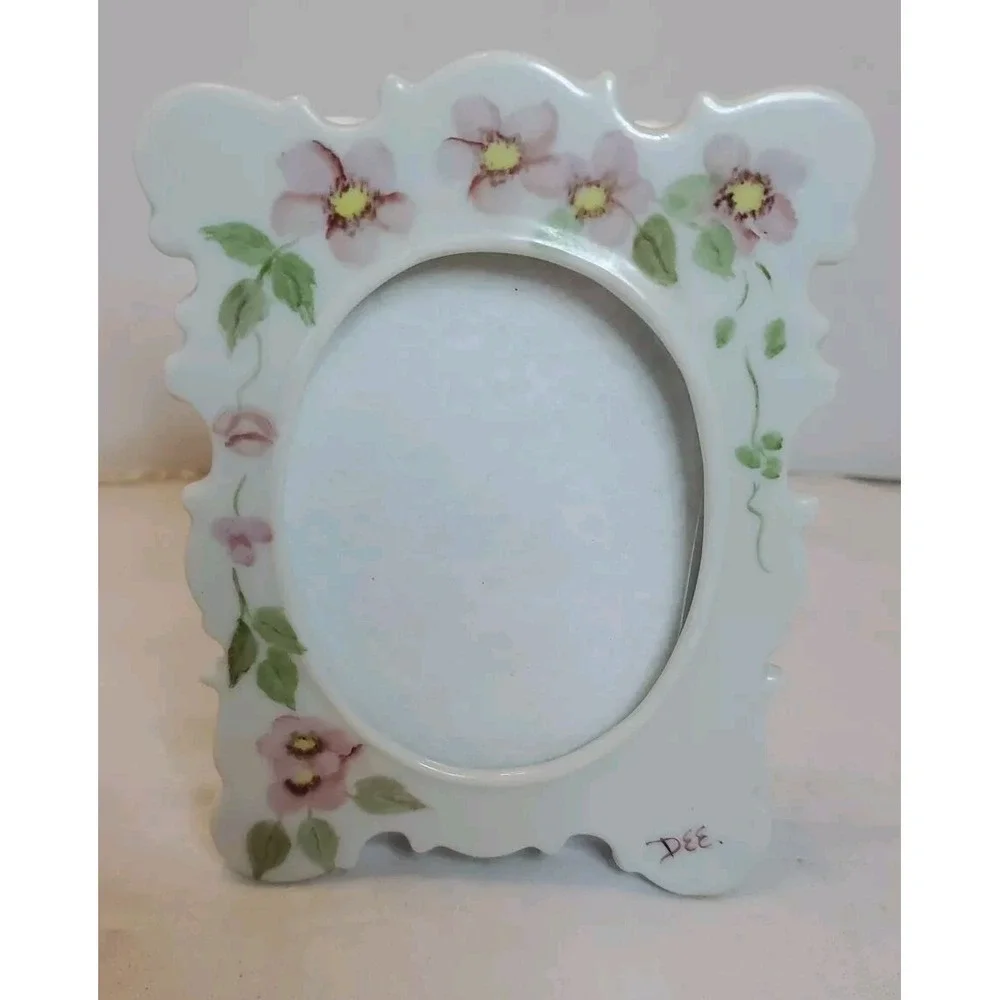 Vintage Porcelain Photo Frame Oval Center Hand‎ Painted Flowers Signed By 