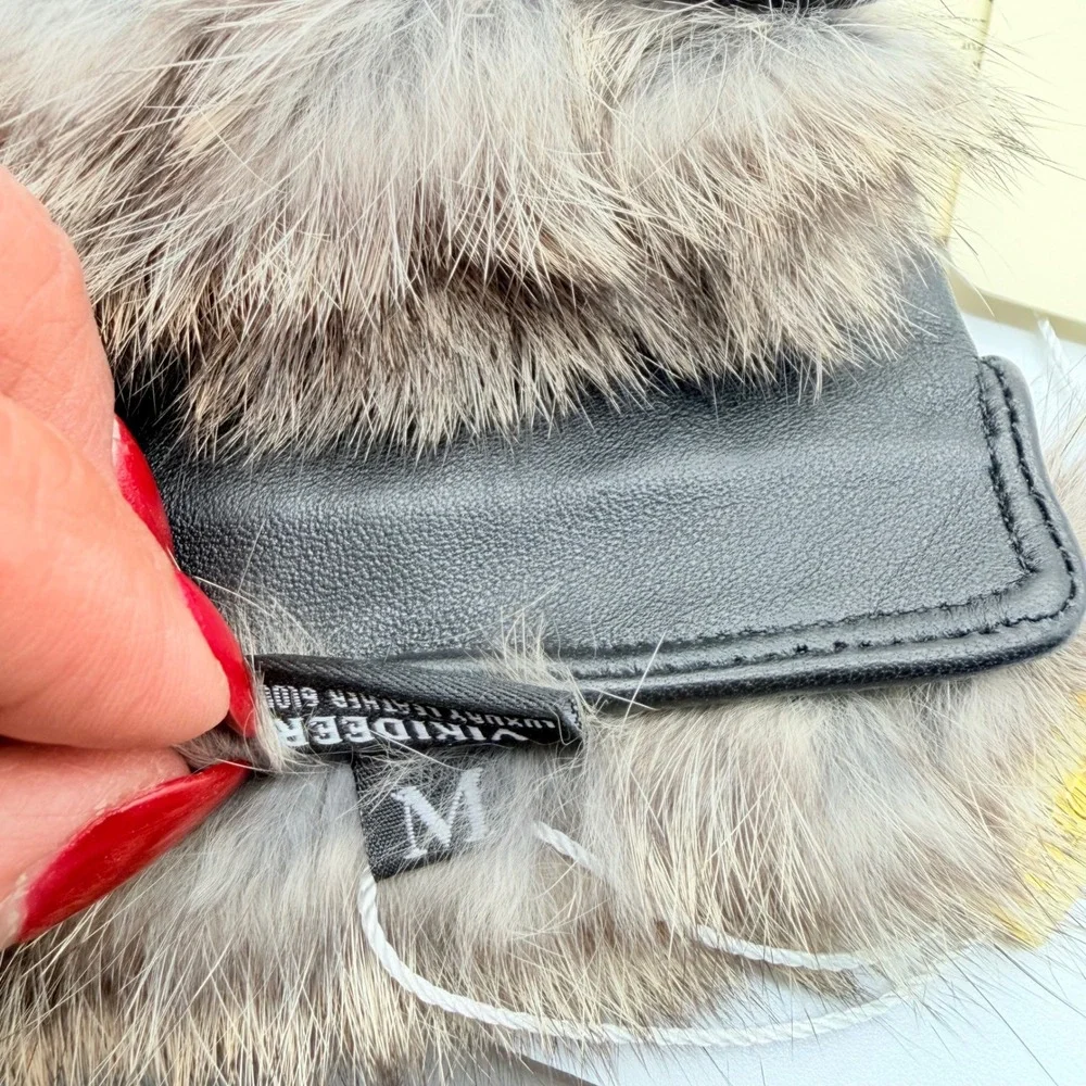 VIKIDEER Quilted Leather Gloves Women M Black Rabbit Fur Trim Cashmere Lined NEW
