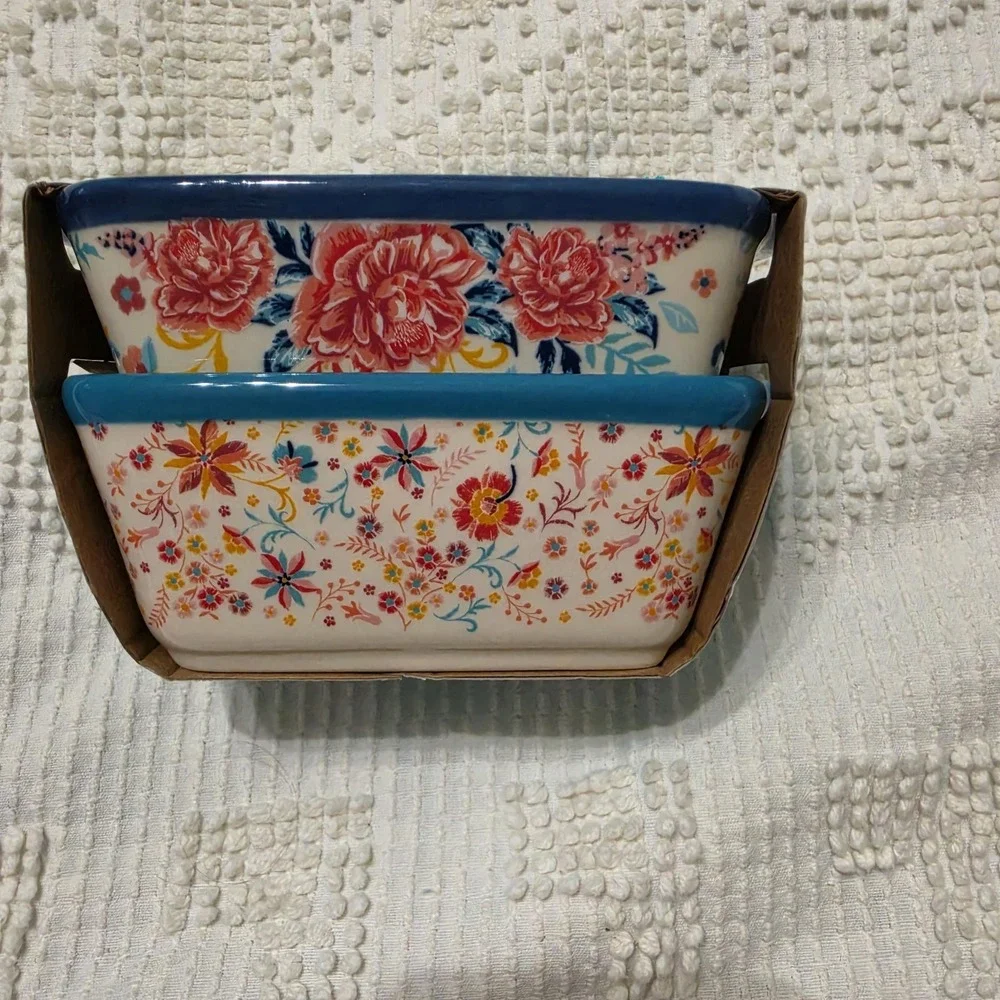 Pioneer Woman Keepsake Floral Mini Loaf Pans Ceramic 2 Pcs Blue 5.1