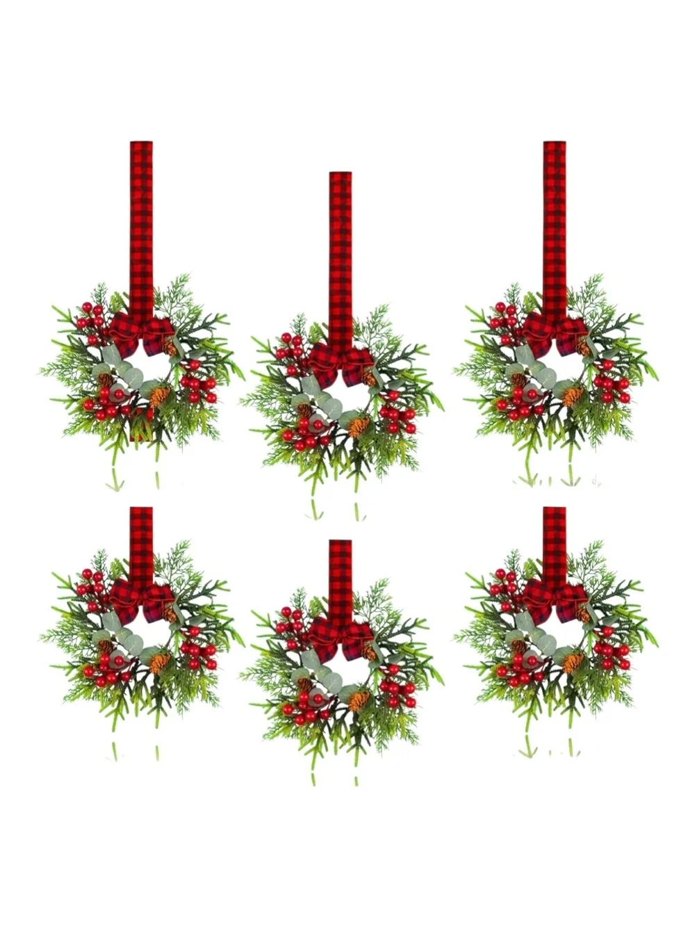 Holiday Buffalo Plaid Mini Wreath Ornaments - Red. Set of 6. NEW.