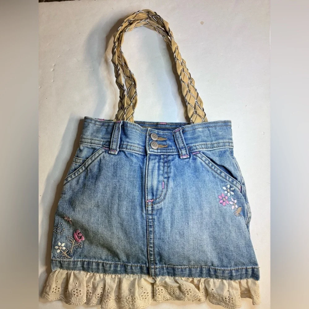 Girl’s Tote/Purse, Handmade/Upcycled, Denim, Blue/Beige, Floral Embroidery