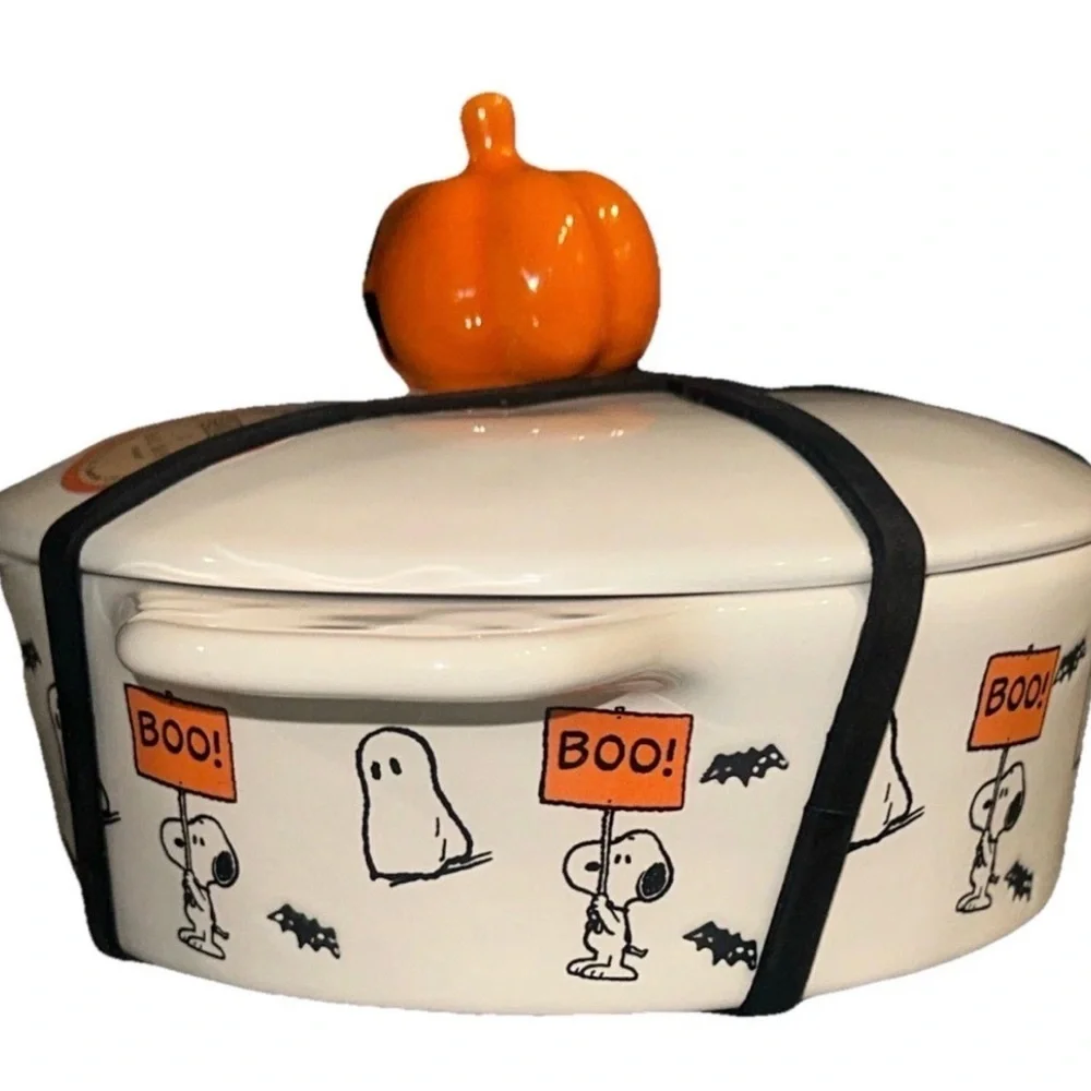 Rae Dunn Peanuts Halloween Snoopy Brie Baker Baking or Candy Dish with Lid NEW
