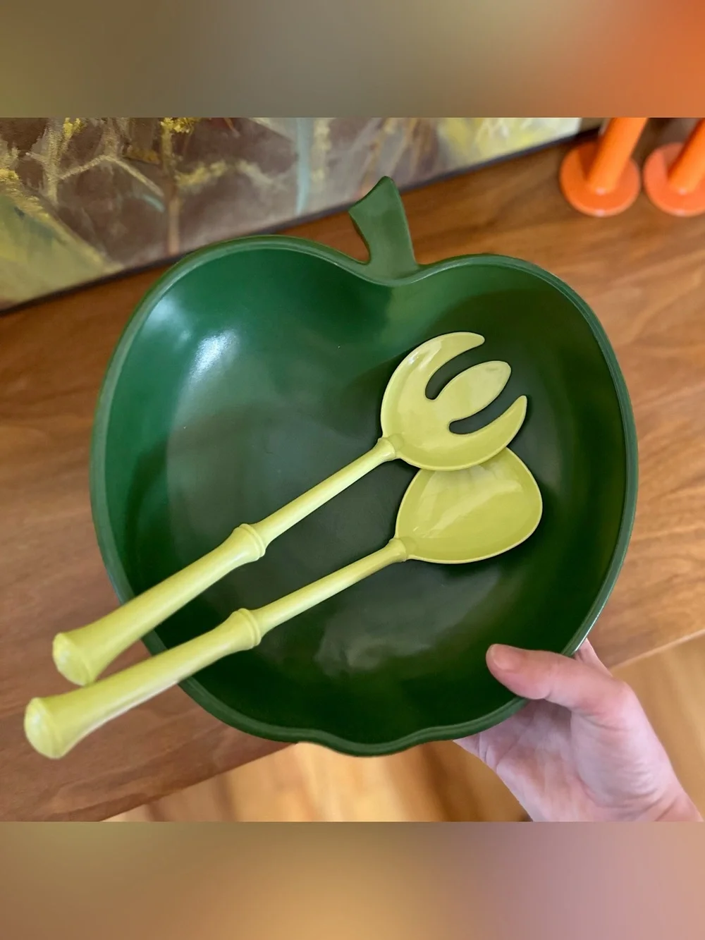 Vintage 1950s Hazel Atlas Green Apple Salad Bowl w/ Original Servers - MCM