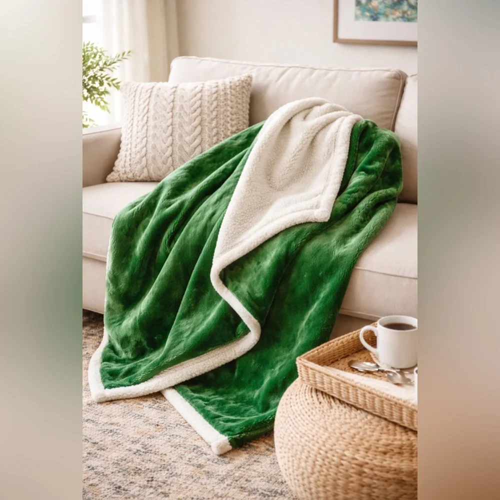 Society6 Sherpa Throw Blanket Green Reversible Cozy Couch Throw ~ 77.5 x 63.5