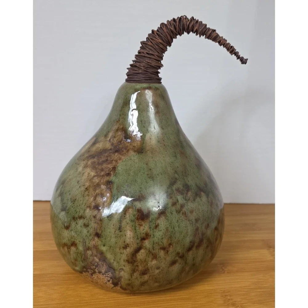 Pier 1 Ceramic Gourd Pumpkin Pear Wire‎ Stem Brown Green Marbled Glossy Fall Art