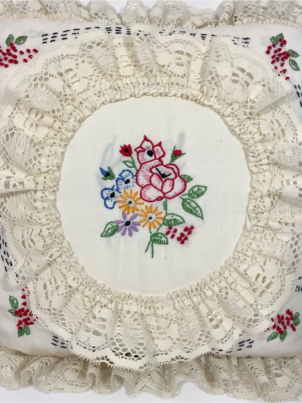 Vintage Hand-Embroidered Lace Decorative Throw Pillow - Cream with Floral Motif