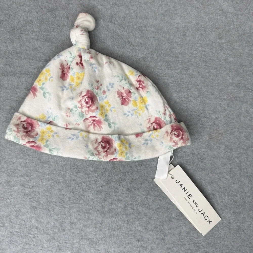New Janie And Jack White Pink‎ Floral Top Knot Baby Hat 18-24 Months