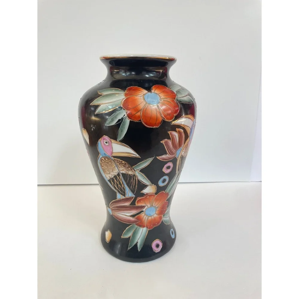 Vintage Black Ceramic Toucan Floral Vase Chinoiserie Gold‎ Cloisonne 12