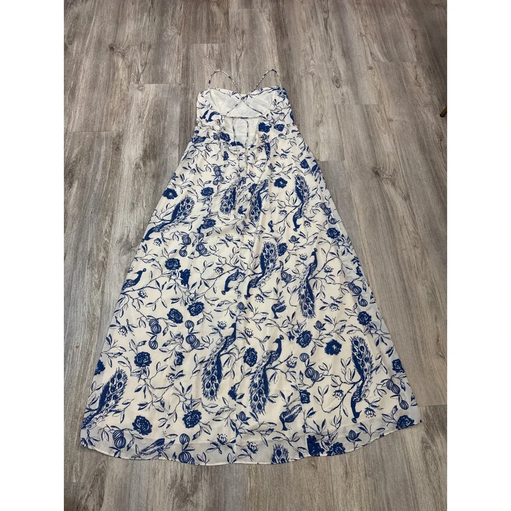 Abercrombie & Fitch Blue White Peacock Toile Maxi Dress XL Lace Up Back Slit