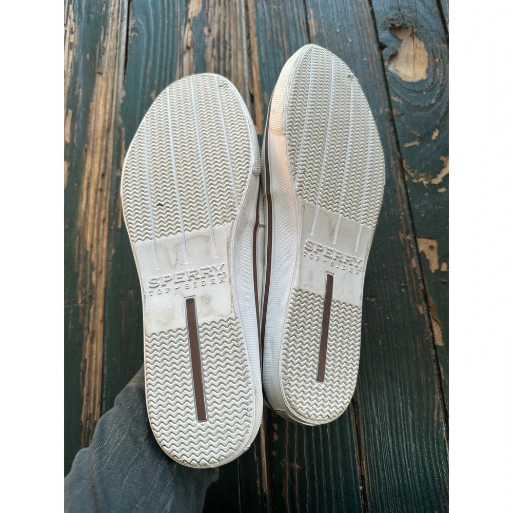 Sperry Top-Sider Mens 12M Boat Shoes White Canvas Tan Leather 0687004 Loafers