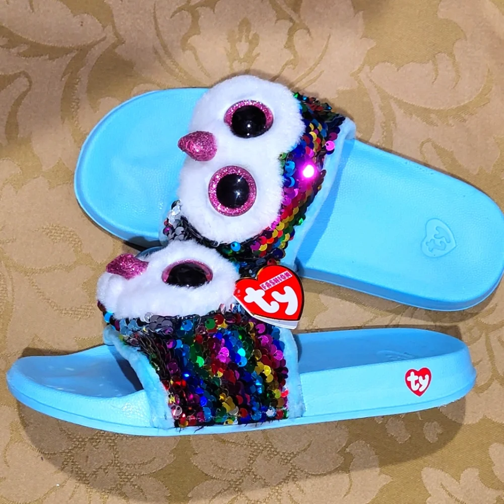 Ty Owen rainbow flip sequined owl slide slippers