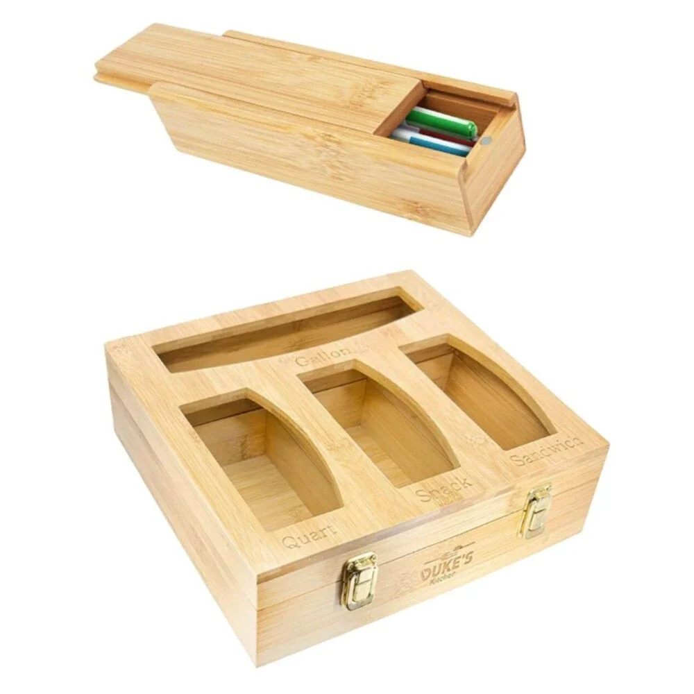 Bamboo Zip Lock Bag Organizer Snack, Sandwich, Quart, Gallon Bags w/ Pen Box