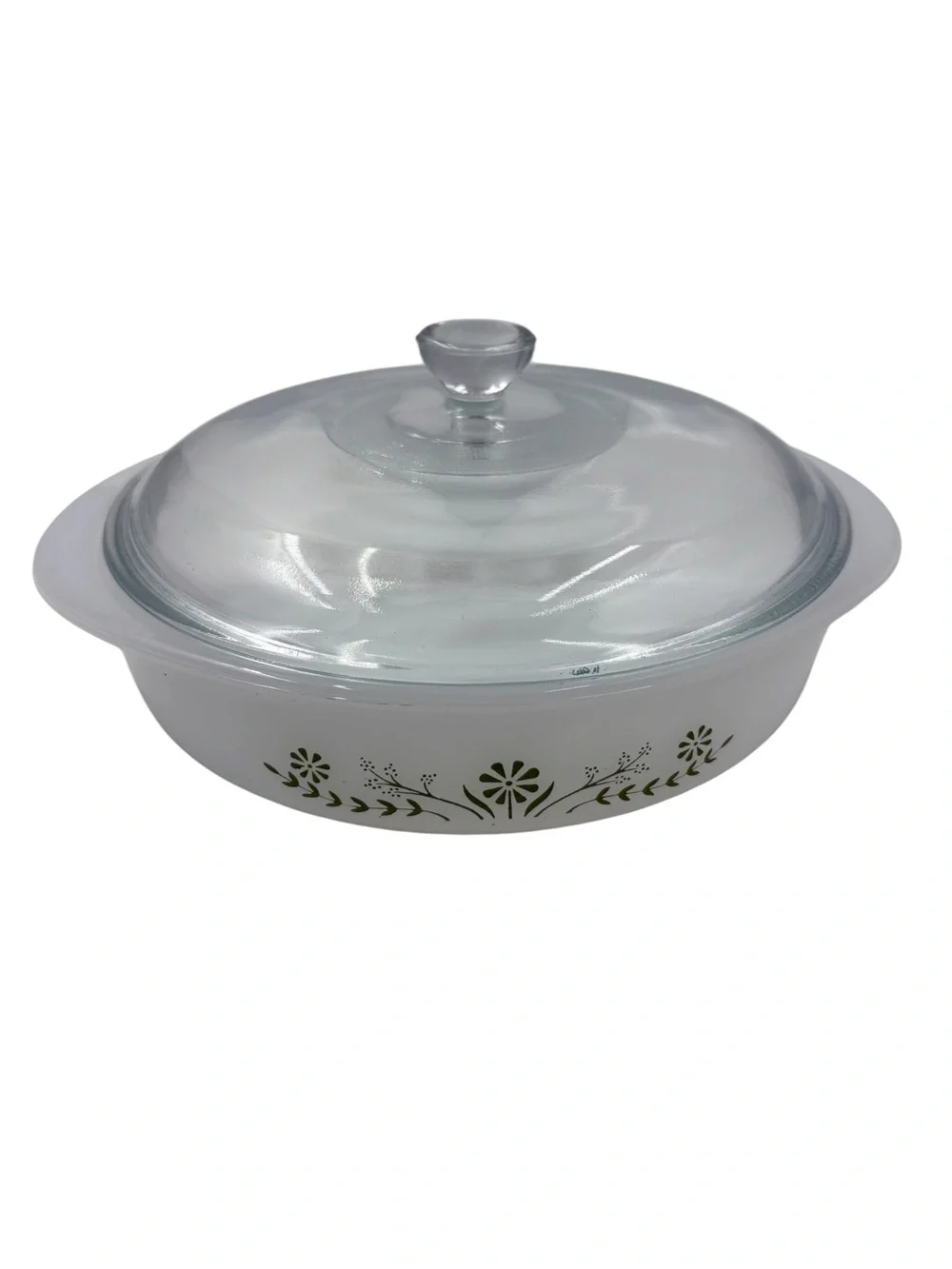 Vintage Glasbake J2429 Green Daisy Milk Glass Round 8