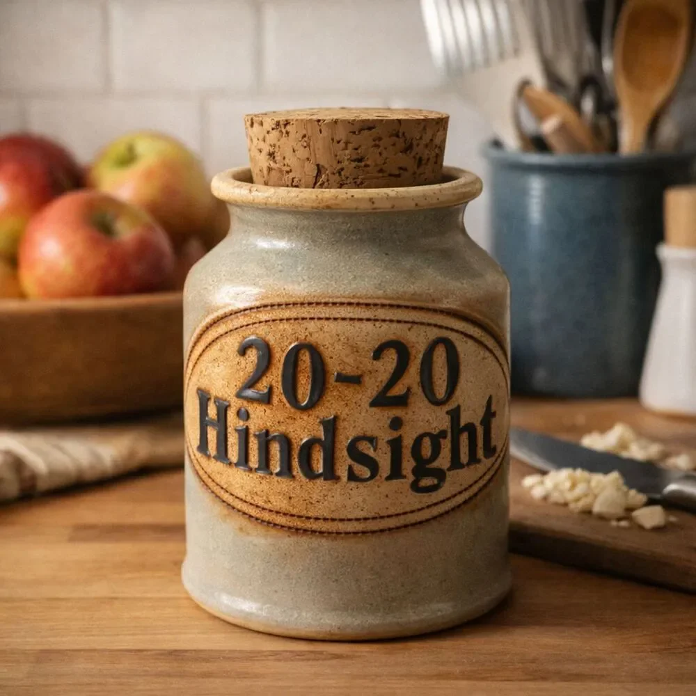 Stoneware Cork Lid Jar 20-20 Hindsight Brophy Pottery Humor Storage Jar Vintage