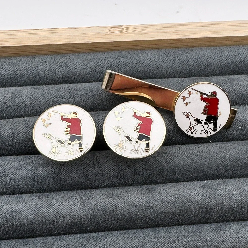 Vintage Swank Gold Tone Enamel Cufflinks Tie‎ Clip Duck Hunting Hunter Dog Birds