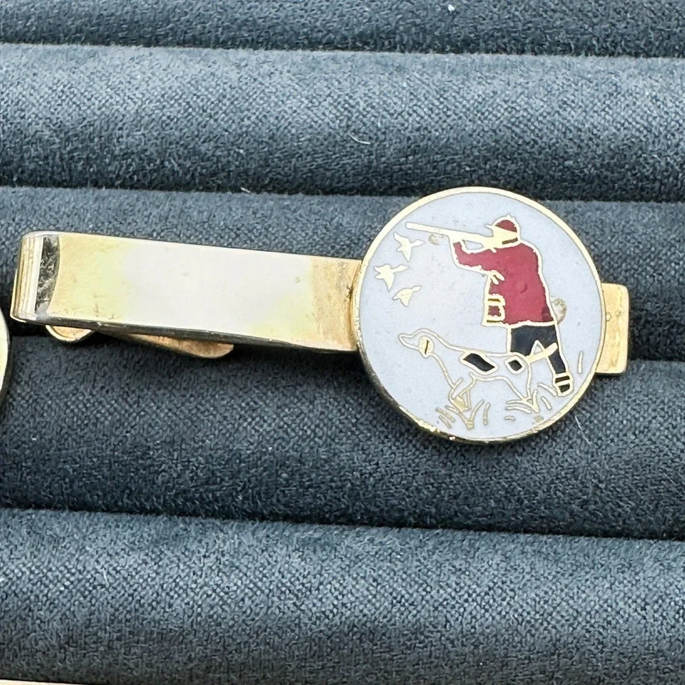Vintage Swank Gold Tone Enamel Cufflinks Tie‎ Clip Duck Hunting Hunter Dog Birds